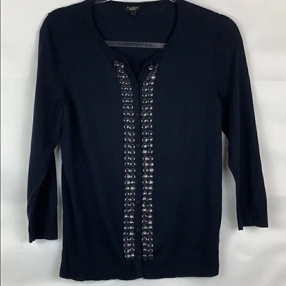 Talbots black cotton blend embellished cardigan